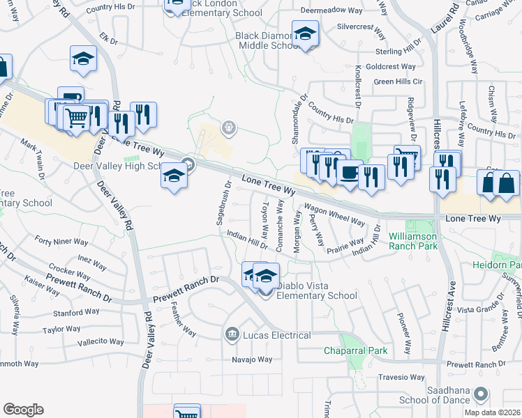 map of restaurants, bars, coffee shops, grocery stores, and more near 5024 Chaparral Court in Antioch