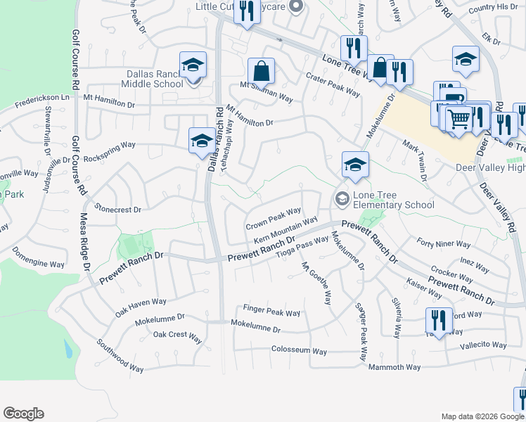 map of restaurants, bars, coffee shops, grocery stores, and more near 1823 Crown Peak Way in Antioch
