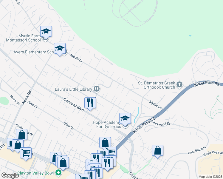 map of restaurants, bars, coffee shops, grocery stores, and more near 5202 Myrtle Drive in Concord