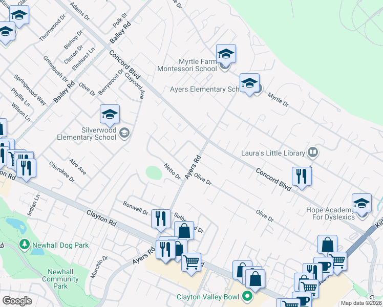 map of restaurants, bars, coffee shops, grocery stores, and more near 1709 Anita Court in Concord