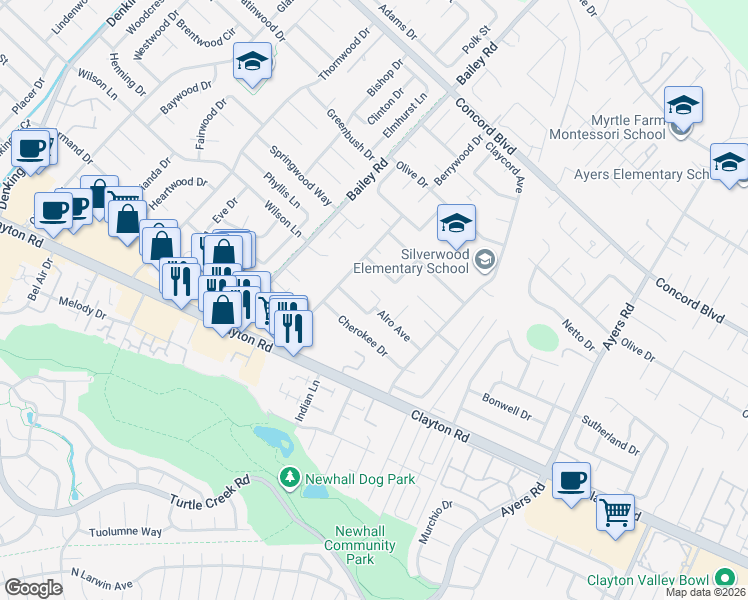 map of restaurants, bars, coffee shops, grocery stores, and more near 4831 Alro Avenue in Concord