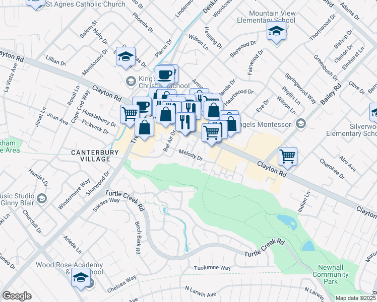 map of restaurants, bars, coffee shops, grocery stores, and more near 1463 Marclair Drive in Concord