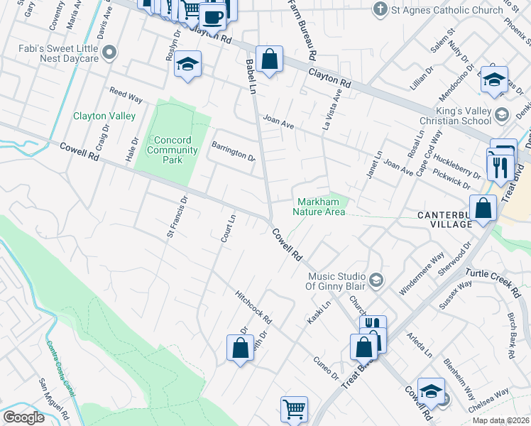 map of restaurants, bars, coffee shops, grocery stores, and more near 1217 Babel Lane in Concord
