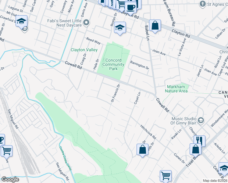map of restaurants, bars, coffee shops, grocery stores, and more near 3685 Hobby Court in Concord