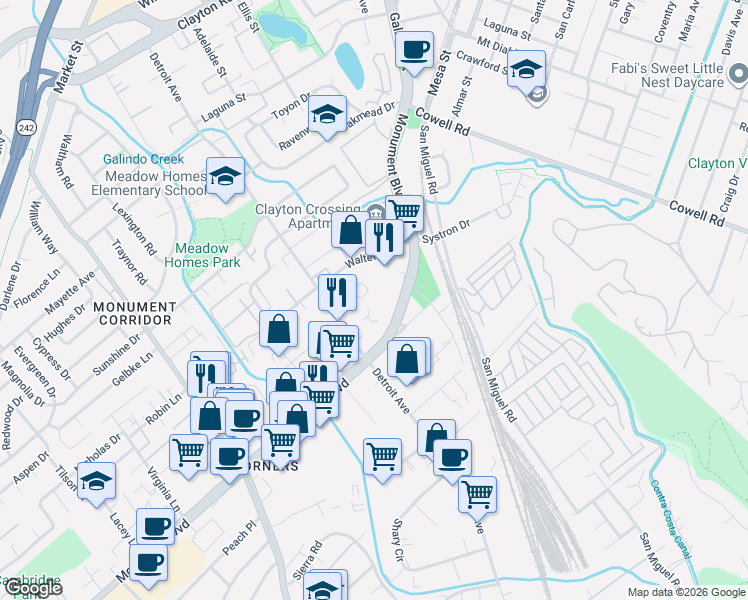 map of restaurants, bars, coffee shops, grocery stores, and more near 2524 Camara Circle in Concord