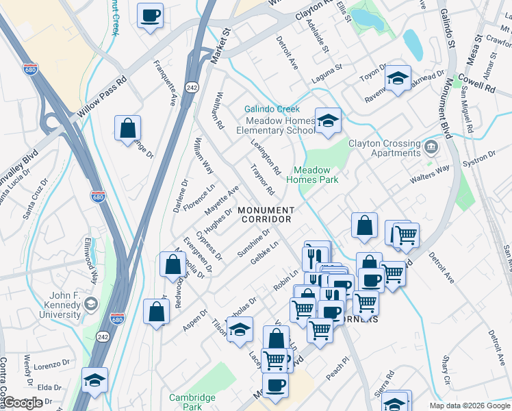 map of restaurants, bars, coffee shops, grocery stores, and more near 1301 Tapestry Lane in Concord