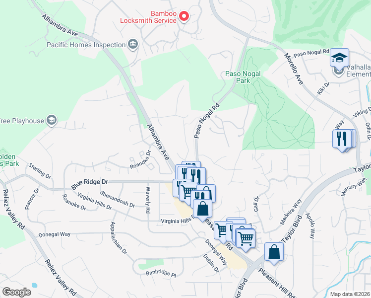 map of restaurants, bars, coffee shops, grocery stores, and more near 19 Kawai Lane in Pleasant Hill