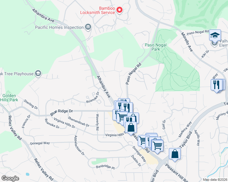 map of restaurants, bars, coffee shops, grocery stores, and more near 2851 Rockridge Drive in Pleasant Hill
