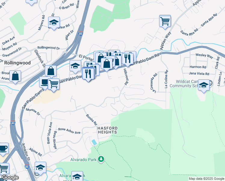 map of restaurants, bars, coffee shops, grocery stores, and more near Montera Court in El Sobrante