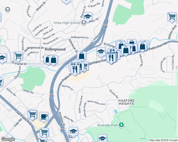 map of restaurants, bars, coffee shops, grocery stores, and more near 3430 San Pablo Dam Road in San Pablo