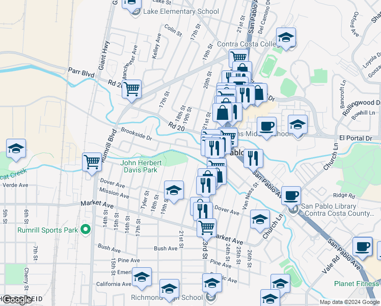 map of restaurants, bars, coffee shops, grocery stores, and more near 1958 Brookside Drive in San Pablo