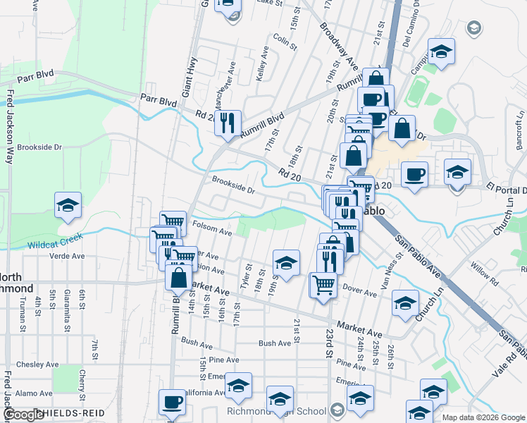 map of restaurants, bars, coffee shops, grocery stores, and more near 1640 Manor Drive in San Pablo