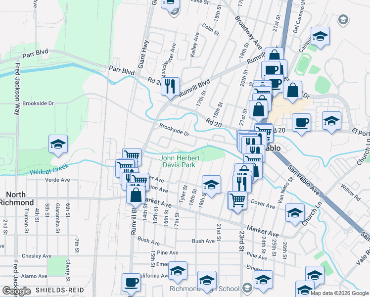 map of restaurants, bars, coffee shops, grocery stores, and more near 1640 Manor Drive in San Pablo