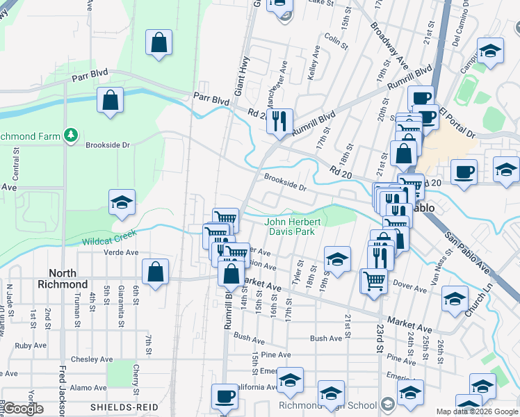 map of restaurants, bars, coffee shops, grocery stores, and more near 1334 Manor Drive in San Pablo