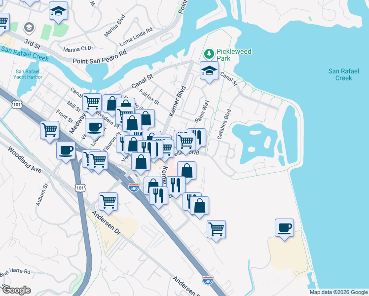 map of restaurants, bars, coffee shops, grocery stores, and more near 245 Bellam Boulevard in San Rafael