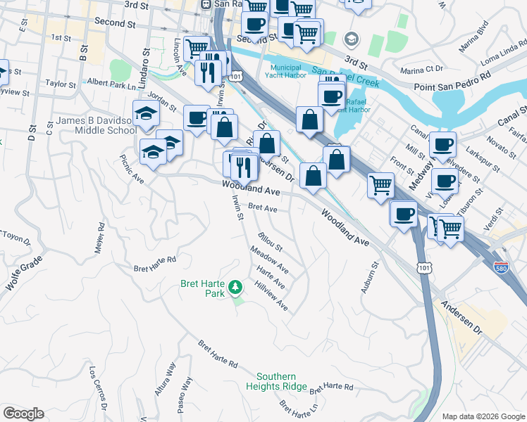 map of restaurants, bars, coffee shops, grocery stores, and more near 17 Bret Avenue in San Rafael