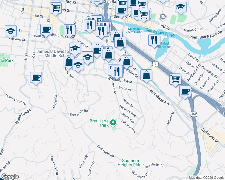 map of restaurants, bars, coffee shops, grocery stores, and more near 532 Bret Harte Road in San Rafael