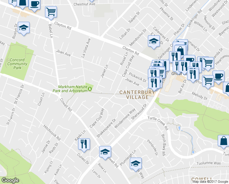 map of restaurants, bars, coffee shops, grocery stores, and more near 1337 Cape Cod Way in Concord