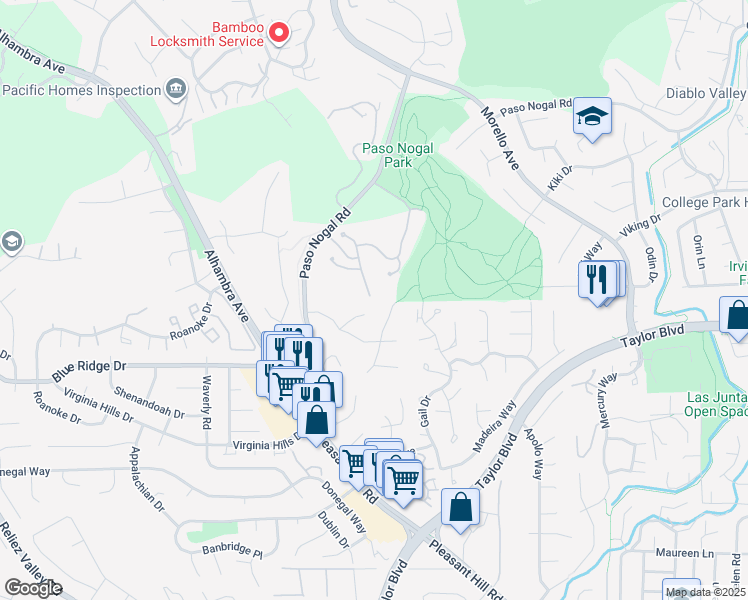map of restaurants, bars, coffee shops, grocery stores, and more near 25 Pillon Real in Pleasant Hill
