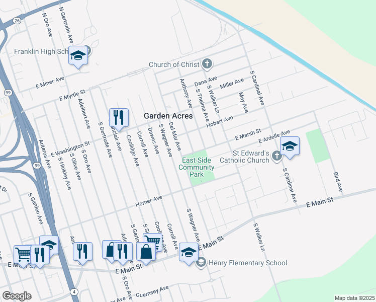 map of restaurants, bars, coffee shops, grocery stores, and more near 4927 East Marsh Street in Stockton