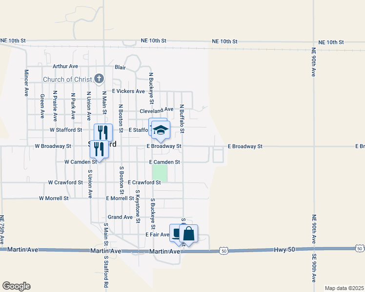 map of restaurants, bars, coffee shops, grocery stores, and more near 100 South Buffalo Street in Stafford