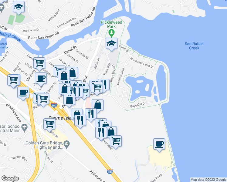 map of restaurants, bars, coffee shops, grocery stores, and more near 345 Catalina Boulevard in San Rafael