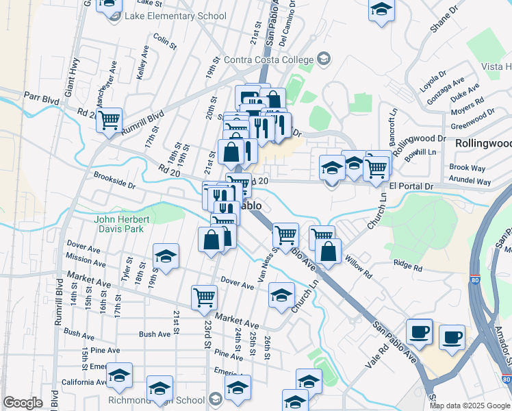 map of restaurants, bars, coffee shops, grocery stores, and more near 49 Campo Verde Circle in San Pablo