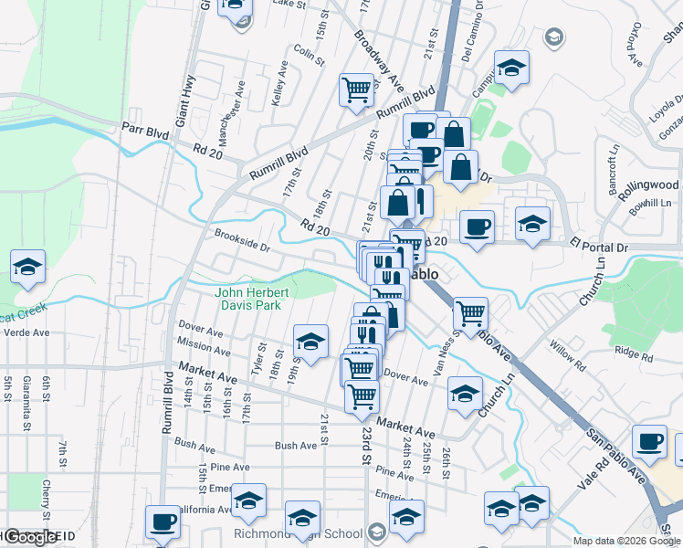 map of restaurants, bars, coffee shops, grocery stores, and more near 1958 Brookside Drive in San Pablo