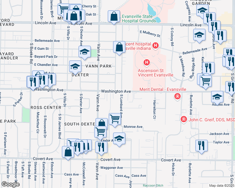map of restaurants, bars, coffee shops, grocery stores, and more near 3405 Washington Avenue in Evansville