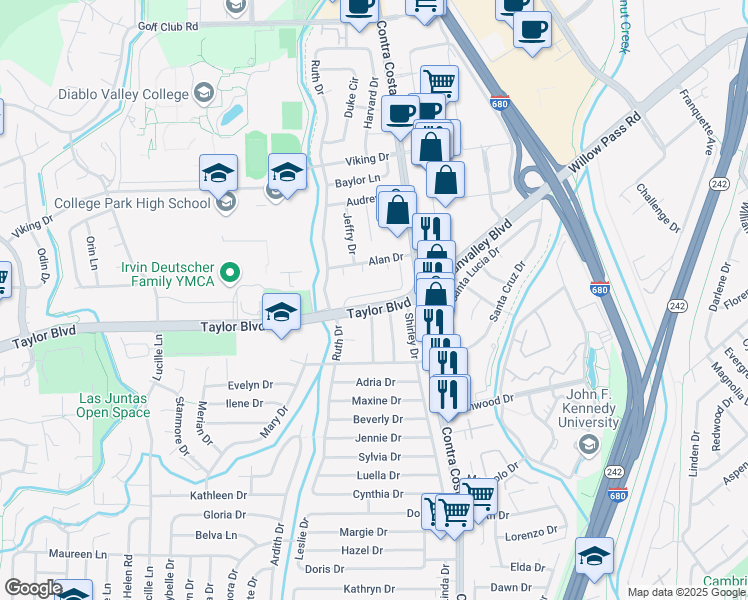 map of restaurants, bars, coffee shops, grocery stores, and more near 137 Diablo Court in Pleasant Hill