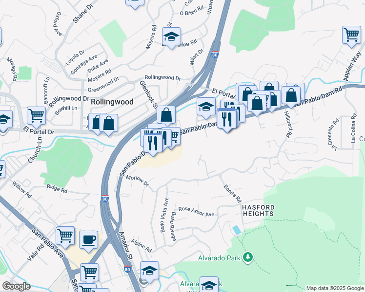 map of restaurants, bars, coffee shops, grocery stores, and more near 3430 San Pablo Dam Road in El Sobrante