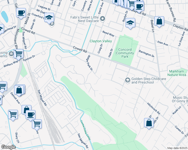 map of restaurants, bars, coffee shops, grocery stores, and more near 1067 Ridge Park Drive in Concord