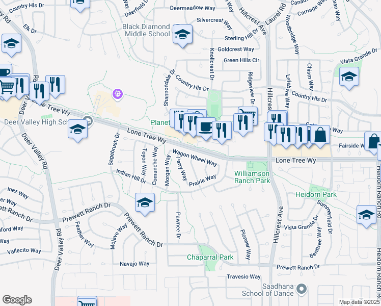 map of restaurants, bars, coffee shops, grocery stores, and more near 5041 Wagon Wheel Way in Antioch