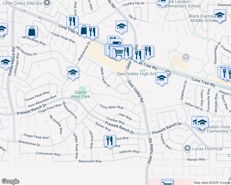 map of restaurants, bars, coffee shops, grocery stores, and more near 2504 Mark Twain Drive in Antioch