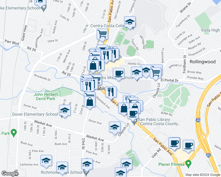 map of restaurants, bars, coffee shops, grocery stores, and more near 12 Campo Verde Circle in San Pablo