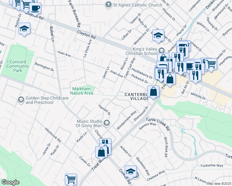 map of restaurants, bars, coffee shops, grocery stores, and more near 1337 Cape Cod Way in Concord