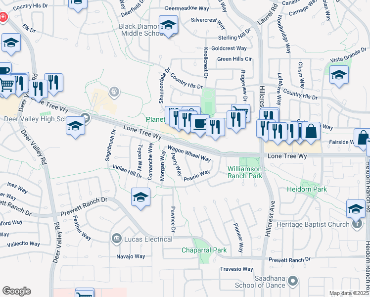 map of restaurants, bars, coffee shops, grocery stores, and more near 5041 Wagon Wheel Way in Antioch