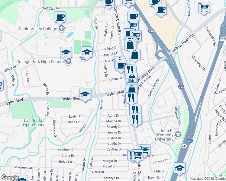 map of restaurants, bars, coffee shops, grocery stores, and more near 137 Diablo Court in Pleasant Hill