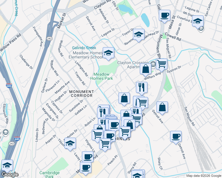 map of restaurants, bars, coffee shops, grocery stores, and more near 1261 Pine Creek Way in Concord