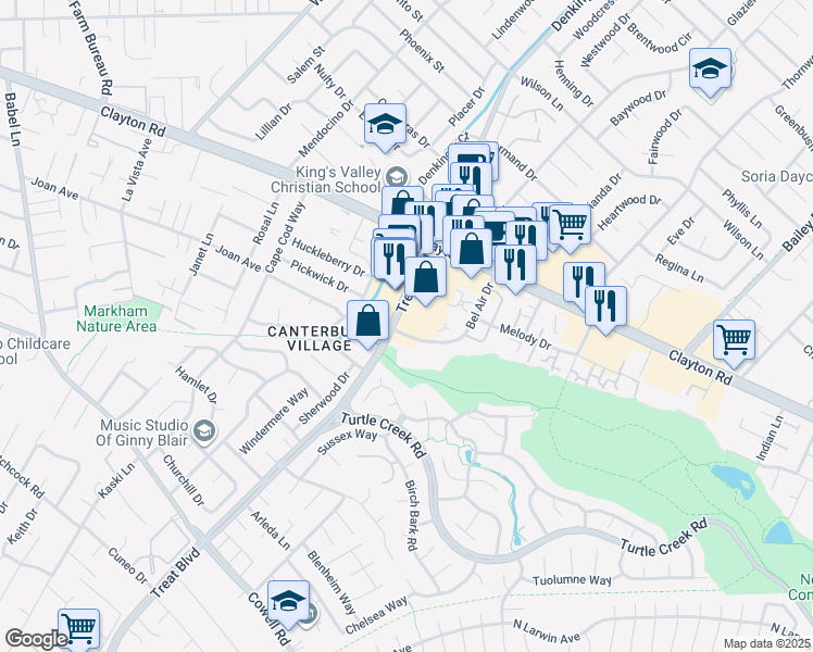 map of restaurants, bars, coffee shops, grocery stores, and more near 4420 Treat Boulevard in Concord