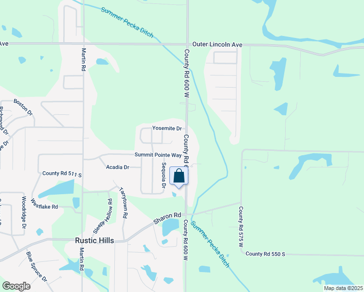 map of restaurants, bars, coffee shops, grocery stores, and more near 4955 County Road 600 West in Newburgh