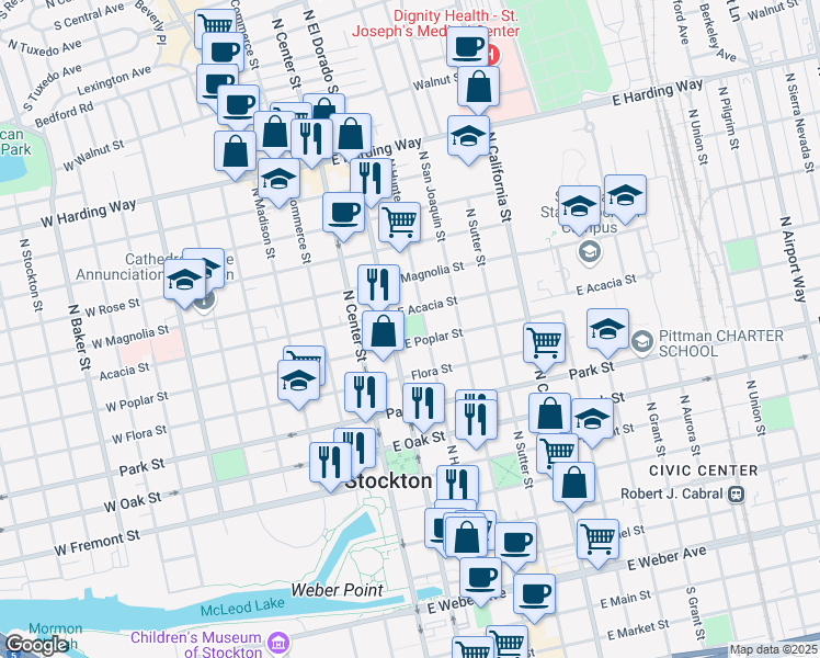 map of restaurants, bars, coffee shops, grocery stores, and more near 924 North El Dorado Street in Stockton