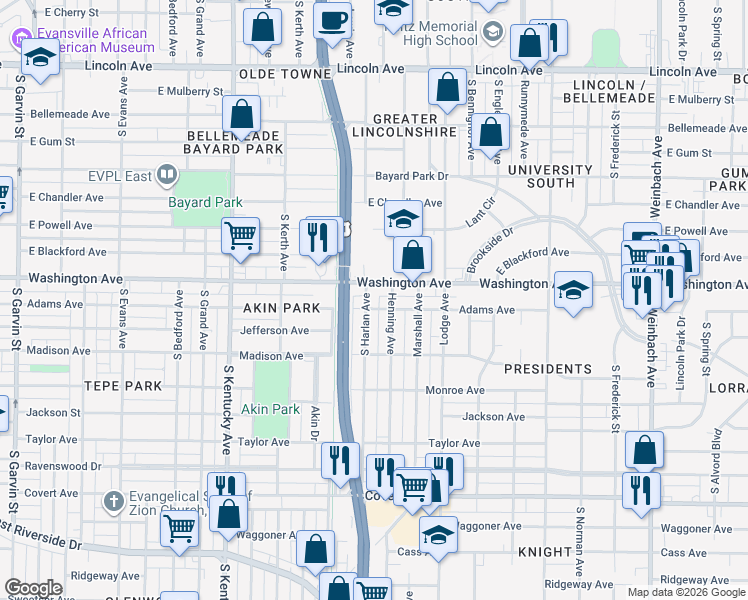 map of restaurants, bars, coffee shops, grocery stores, and more near 1014 South Harlan Avenue in Evansville
