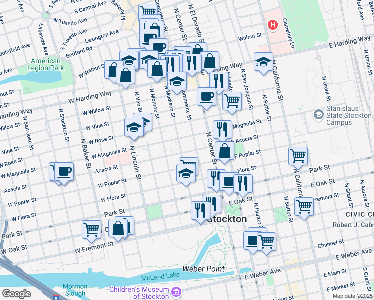map of restaurants, bars, coffee shops, grocery stores, and more near 129 Acacia Street in Stockton