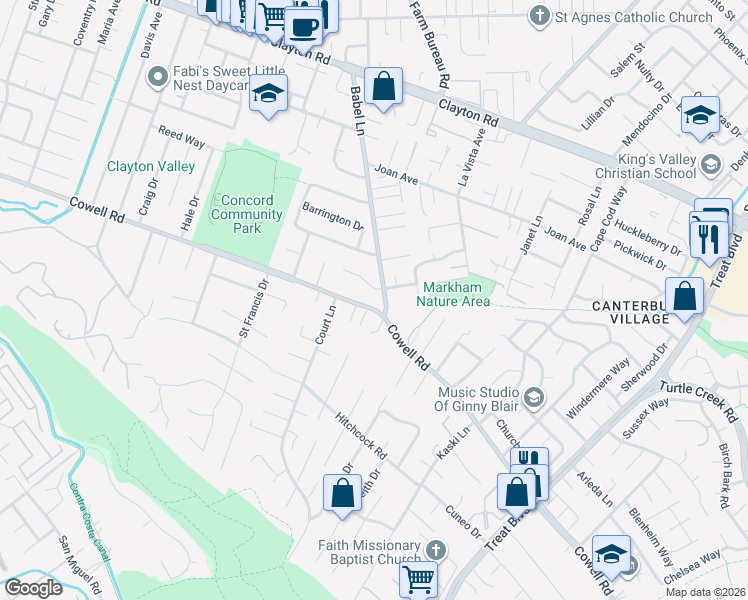 map of restaurants, bars, coffee shops, grocery stores, and more near 1217 Babel Lane in Concord