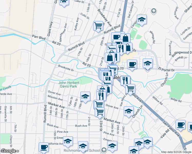 map of restaurants, bars, coffee shops, grocery stores, and more near 2036 Brookside Drive in San Pablo