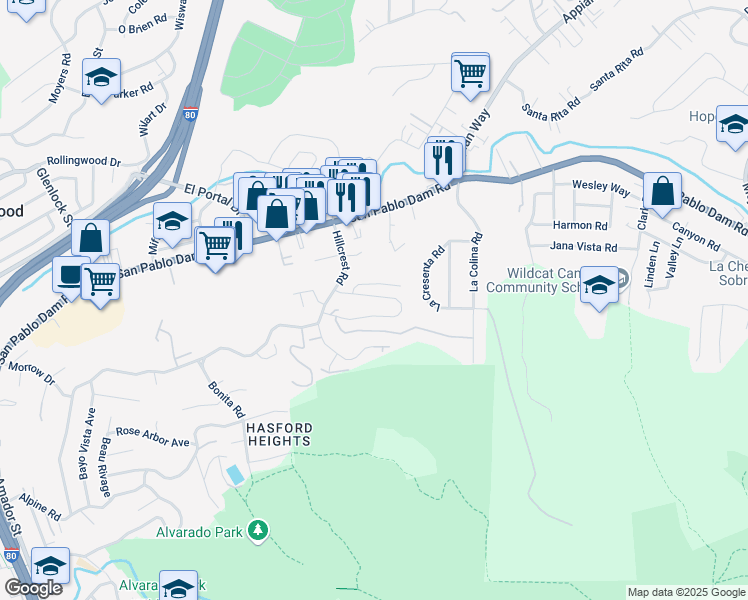 map of restaurants, bars, coffee shops, grocery stores, and more near 833 Bridgeway Circle in El Sobrante