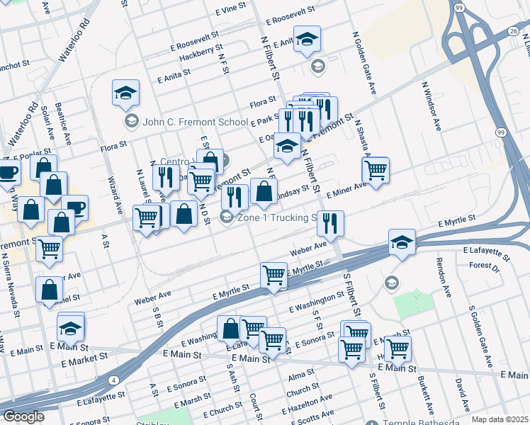 map of restaurants, bars, coffee shops, grocery stores, and more near 2335 East Miner Avenue in Stockton