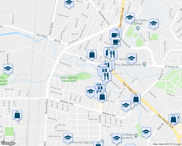 map of restaurants, bars, coffee shops, grocery stores, and more near 1958 Brookside Drive in San Pablo