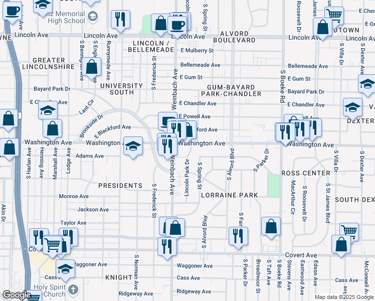 map of restaurants, bars, coffee shops, grocery stores, and more near 1023 South Lincoln Park Drive in Evansville